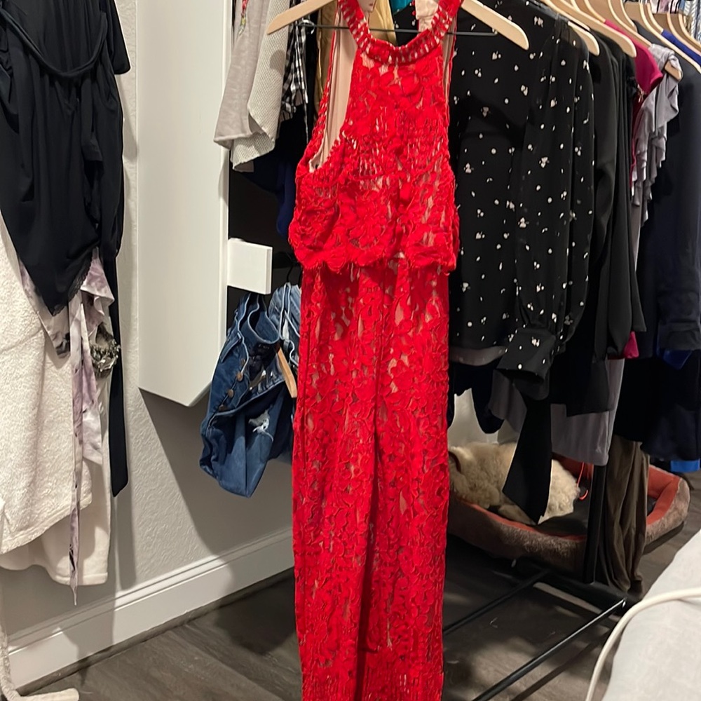 Lulus red halter lace jumpsuit button collar inseam 25” XL